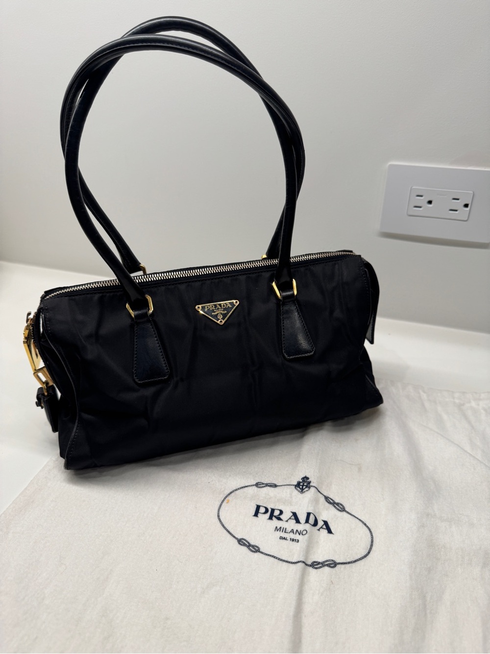 Prada Classic Black Shoulder Bag with Gold Zip